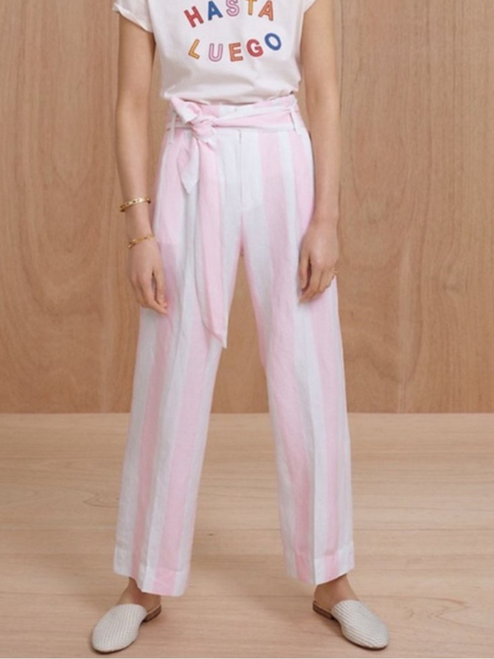 Madewell linen blend pink/white striped paper bag waist pants with tie belt